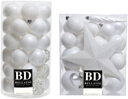 Bellatio Decorations 70x stuks kunststof kerstballen met ster piek wit mix