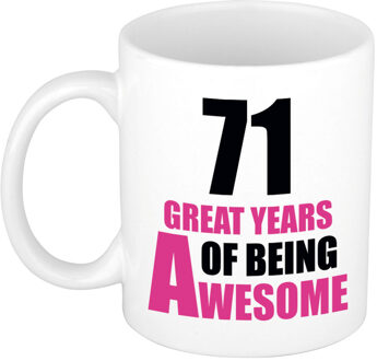 Bellatio Decorations 71 great years of being awesome cadeau mok / beker wit en roze - verjaardagscadeau 71 jaar - feest mokken