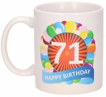 Bellatio Decorations 71 jaar Verjaardag koffiemok - cadeau beker - feestelijke ballonnen print - 300 ml - keramiek - wit