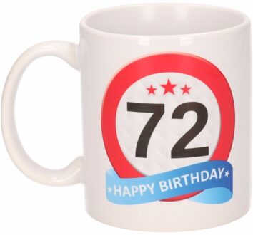 Bellatio Decorations 72 jaar Verjaardag koffiemok - cadeau beker - stopbord print - 300 ml - keramiek - wit