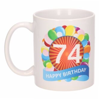 Bellatio Decorations 74 jaar Verjaardag koffiemok - cadeau beker - feestelijke ballonnen print - 300 ml - keramiek - wit