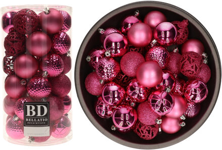 Bellatio Decorations 74x stuks kunststof kerstballen fuchsia roze 6 cm glans/mat/glitter mix - Kerstbal