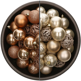 Bellatio Decorations 74x stuks kunststof kerstballen mix camel bruin en champagne 6 cm - Kerstbal