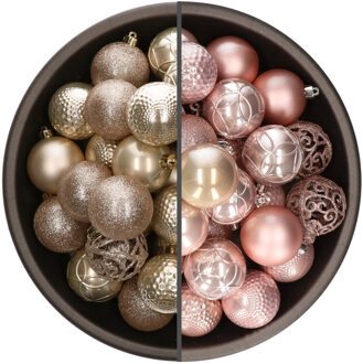 Bellatio Decorations 74x stuks kunststof kerstballen mix lichtroze en champagne 6 cm - Kerstbal Champagnekleurig