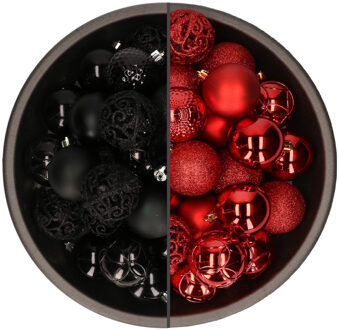 Bellatio Decorations 74x stuks kunststof kerstballen mix rood en zwart 6 cm - Kerstbal