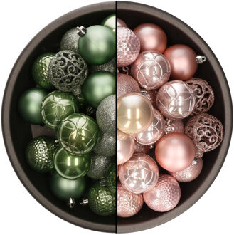 Bellatio Decorations 74x stuks kunststof kerstballen mix salie groen en lichtroze 6 cm - Kerstbal