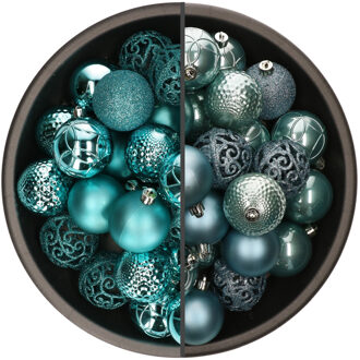 Bellatio Decorations 74x stuks kunststof kerstballen mix turquoise blauw en ijsblauw 6 cm