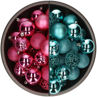 Bellatio Decorations 74x stuks kunststof kerstballen mix turquoise en fuchsia roze 6 cm