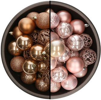 Bellatio Decorations 74x stuks kunststof kerstballen mix van camel bruin en lichtroze 6 cm - Kerstbal