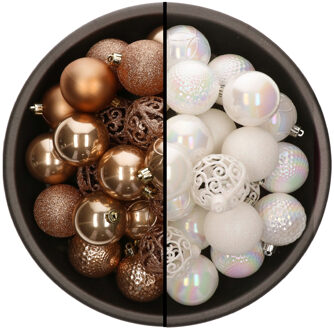 Bellatio Decorations 74x stuks kunststof kerstballen mix van camel bruin en parelmoer wit 6 cm