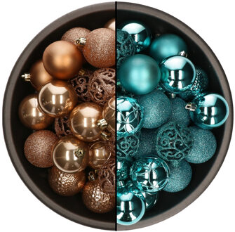 Bellatio Decorations 74x stuks kunststof kerstballen mix van camel bruin en turquoise blauw 6 cm - Kerstbal