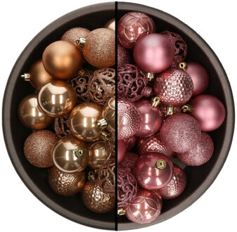 Bellatio Decorations 74x stuks kunststof kerstballen mix van camel bruin en velvet roze 6 cm - Kerstbal