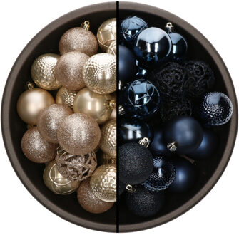 Bellatio Decorations 74x stuks kunststof kerstballen mix van champagne en donkerblauw 6 cm - Kerstbal