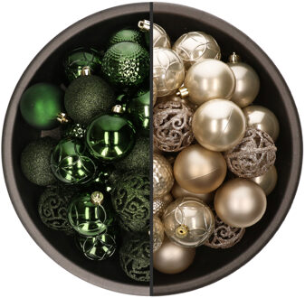 Bellatio Decorations 74x stuks kunststof kerstballen mix van champagne en donkergroen 6 cm - Kerstbal Champagnekleurig