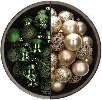Bellatio Decorations 74x stuks kunststof kerstballen mix van champagne en donkergroen 6 cm