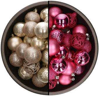 Bellatio Decorations 74x stuks kunststof kerstballen mix van champagne en fuchsia roze 6 cm - Kerstbal Champagnekleurig