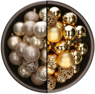 Bellatio Decorations 74x stuks kunststof kerstballen mix van champagne en goud 6 cm - Kerstbal Champagnekleurig