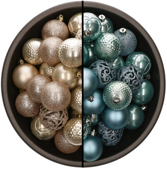 Bellatio Decorations 74x stuks kunststof kerstballen mix van champagne en ijsblauw 6 cm - Kerstbal