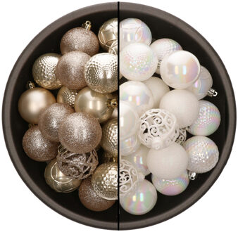 Bellatio Decorations 74x stuks kunststof kerstballen mix van champagne en parelmoer wit 6 cm