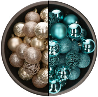 Bellatio Decorations 74x stuks kunststof kerstballen mix van champagne en turquoise blauw 6 cm - Kerstbal Champagnekleurig