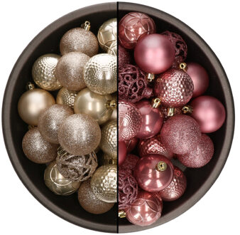 Bellatio Decorations 74x stuks kunststof kerstballen mix van champagne en velvet roze 6 cm
