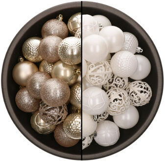 Bellatio Decorations 74x stuks kunststof kerstballen mix van champagne en wit 6 cm - Kerstbal Champagnekleurig