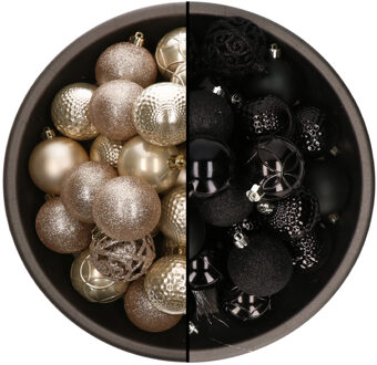 Bellatio Decorations 74x stuks kunststof kerstballen mix van champagne en zwart 6 cm