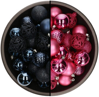 Bellatio Decorations 74x stuks kunststof kerstballen mix van donkerblauw en fuchsia roze 6 cm - Kerstbal
