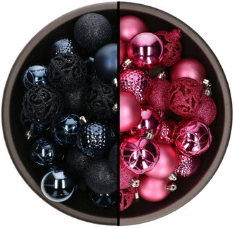 Bellatio Decorations 74x stuks kunststof kerstballen mix van donkerblauw en fuchsia roze 6 cm