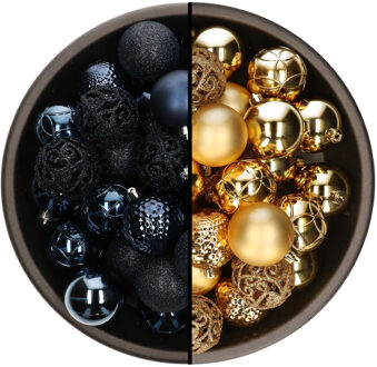 Bellatio Decorations 74x stuks kunststof kerstballen mix van donkerblauw en goud 6 cm - Kerstbal