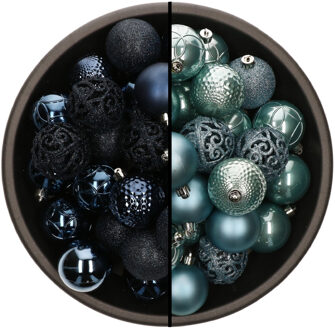 Bellatio Decorations 74x stuks kunststof kerstballen mix van donkerblauw en ijsblauw 6 cm - Kerstbal