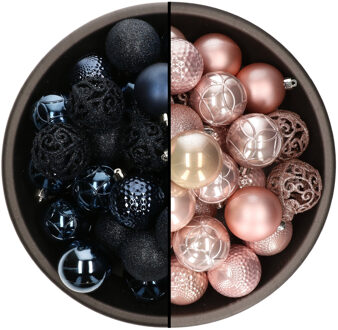 Bellatio Decorations 74x stuks kunststof kerstballen mix van donkerblauw en lichtroze 6 cm