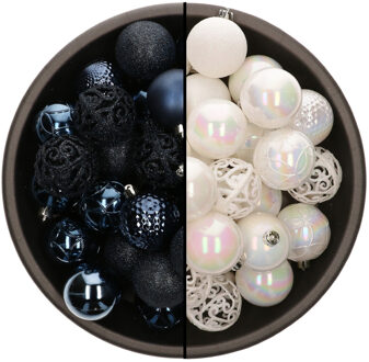 Bellatio Decorations 74x stuks kunststof kerstballen mix van donkerblauw en parelmoer wit 6 cm