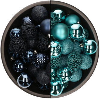 Bellatio Decorations 74x stuks kunststof kerstballen mix van donkerblauw en turquoise blauw 6 cm