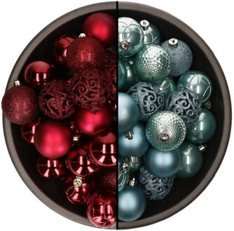 Bellatio Decorations 74x stuks kunststof kerstballen mix van donkerrood en ijsblauw 6 cm