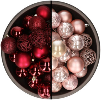 Bellatio Decorations 74x stuks kunststof kerstballen mix van donkerrood en lichtroze 6 cm