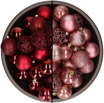 Bellatio Decorations 74x stuks kunststof kerstballen mix van donkerrood en velvet roze 6 cm - Kerstbal