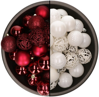 Bellatio Decorations 74x stuks kunststof kerstballen mix van donkerrood en wit 6 cm