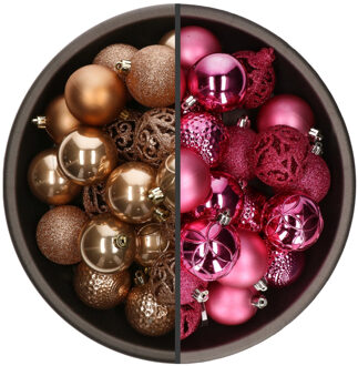 Bellatio Decorations 74x stuks kunststof kerstballen mix van fuchsia roze en camel bruin 6 cm - Kerstbal