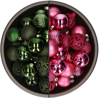 Bellatio Decorations 74x stuks kunststof kerstballen mix van fuchsia roze en donkergroen 6 cm - Kerstbal