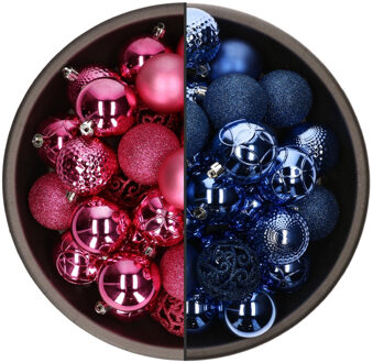 Bellatio Decorations 74x stuks kunststof kerstballen mix van fuchsia roze en kobalt blauw 6 cm