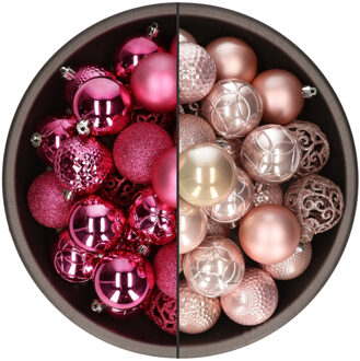 Bellatio Decorations 74x stuks kunststof kerstballen mix van fuchsia roze en lichtroze 6 cm - Kerstbal