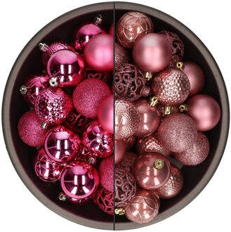 Bellatio Decorations 74x stuks kunststof kerstballen mix van fuchsia roze en oudroze 6 cm