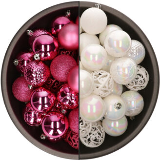 Bellatio Decorations 74x stuks kunststof kerstballen mix van fuchsia roze en parelmoer wit 6 cm - Kerstbal