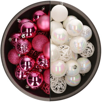Bellatio Decorations 74x stuks kunststof kerstballen mix van fuchsia roze en parelmoer wit 6 cm
