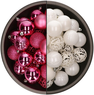 Bellatio Decorations 74x stuks kunststof kerstballen mix van fuchsia roze en wit 6 cm