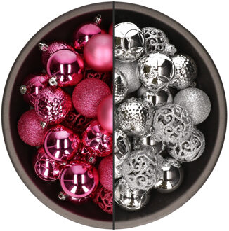 Bellatio Decorations 74x stuks kunststof kerstballen mix van fuchsia roze en zilver 6 cm - Kerstbal Zilverkleurig