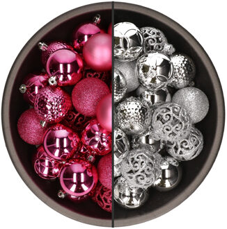 Bellatio Decorations 74x stuks kunststof kerstballen mix van fuchsia roze en zilver 6 cm