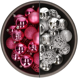 Bellatio Decorations 74x stuks kunststof kerstballen mix van fuchsia roze en zilver 6 cm
