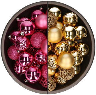Bellatio Decorations 74x stuks kunststof kerstballen mix van goud en fuchsia roze 6 cm - Kerstbal